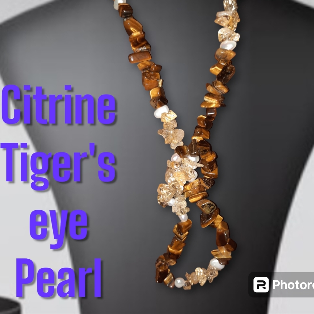 pearl, citrine Tigers eye gemstone nugget Chip necklace EUC goldtone clasp - Picture 5 of 14